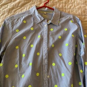 Boden Long Sleeve Blue/White Top with Neon Yellow Sequin Appliqué US 14R